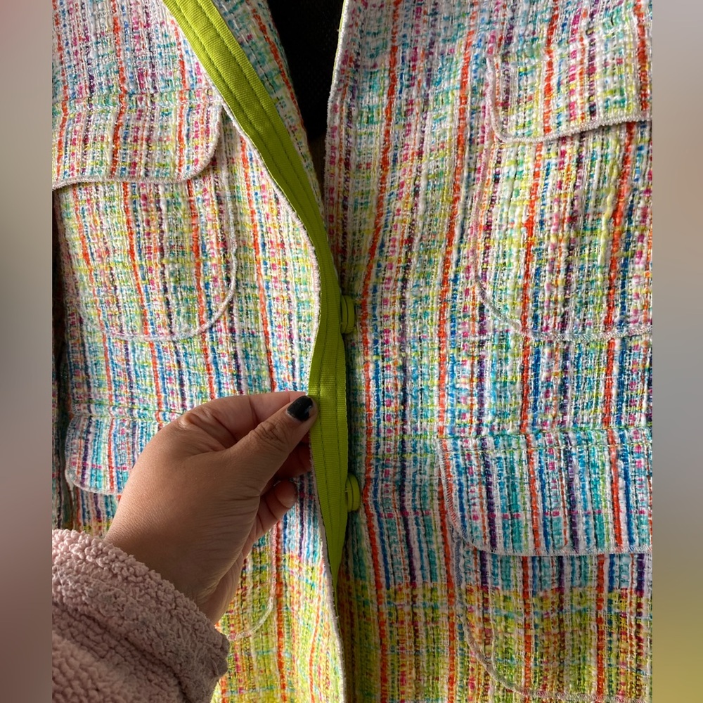 BLONDE No.8 STOCKHOLM Tweed Long Blazer Neon Trim Yellow Blue M Coat - Picture 13 of 16